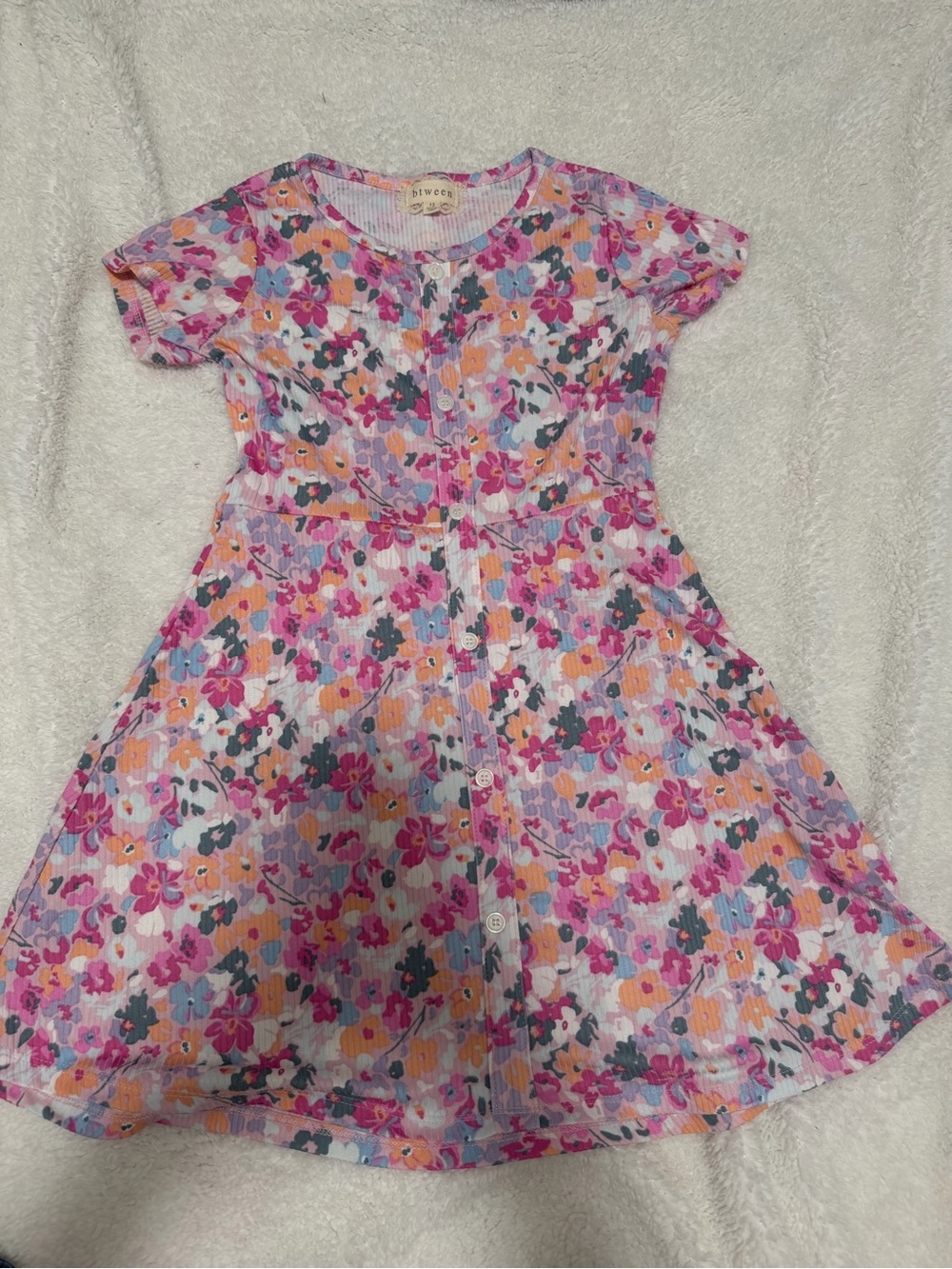 btween Pink Floral Button-Front Girls Casual Dress